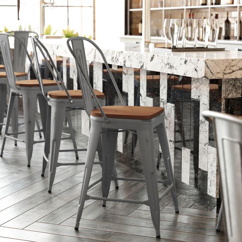 Flash Furniture Lincoln 24'' High Silver Antique Finish with Clear Coat Indoor Counter Height Stool with Back and Teak Poly Resin Wood Seat