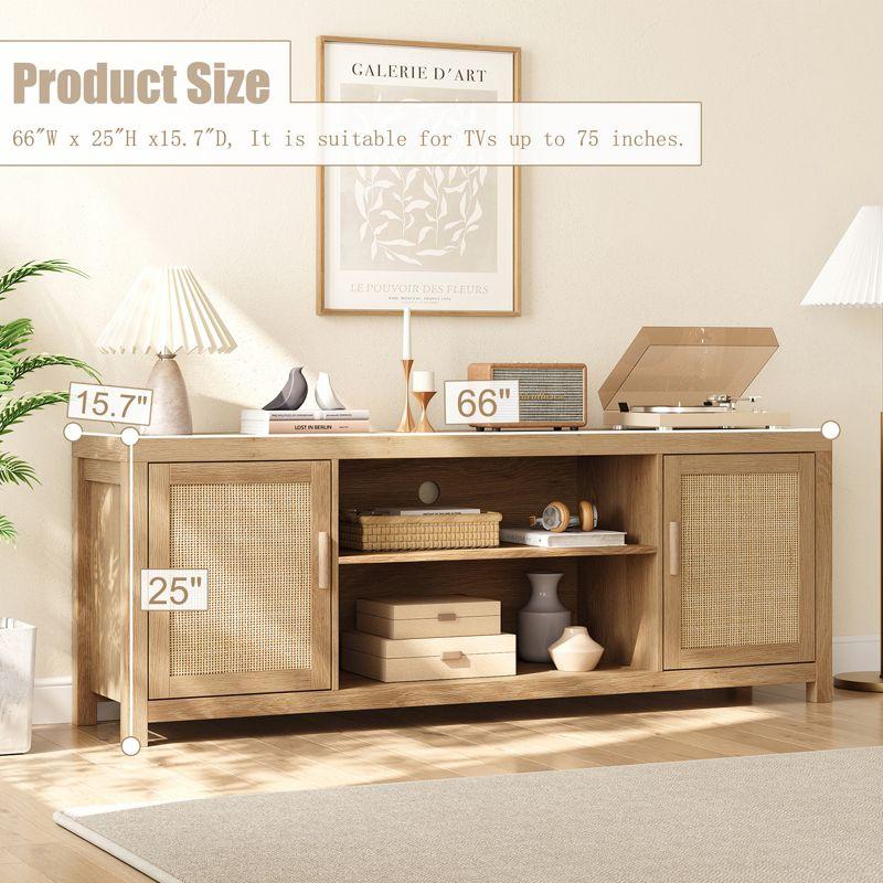 Whizmax Rattan TV Stand for 75 Inch, Boho Entertainment Center with 2-Tier Storage, Wooden Media Console Cabinet for Living Room Bedroom Natural Oak