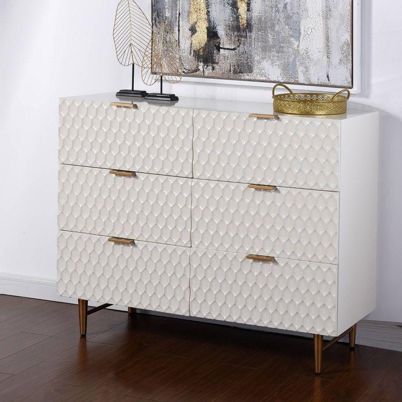 StyleCraft 6 Drawer with Handles Accent Dresser Cream/Gold: Modern Storage, MDF Construction, Metal Glides