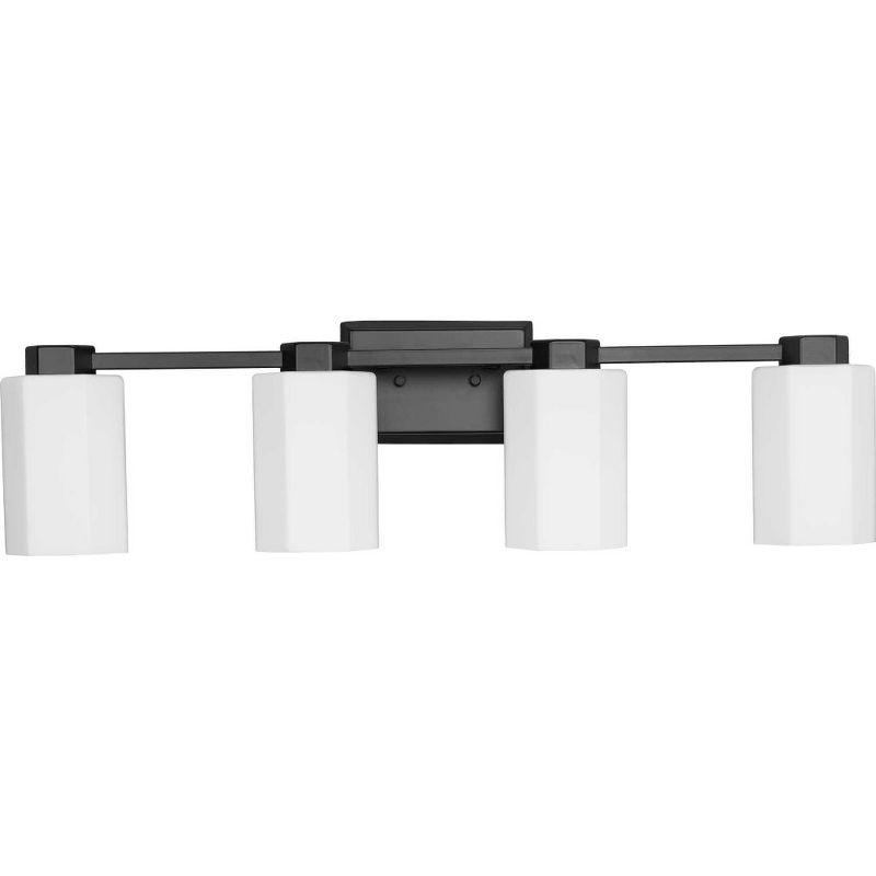 Progress Lighting Estrada 4-Light Vanity Light, Steel, Matte Black, Opal Glass. Timeless hexagonal motif for modern bathrooms.