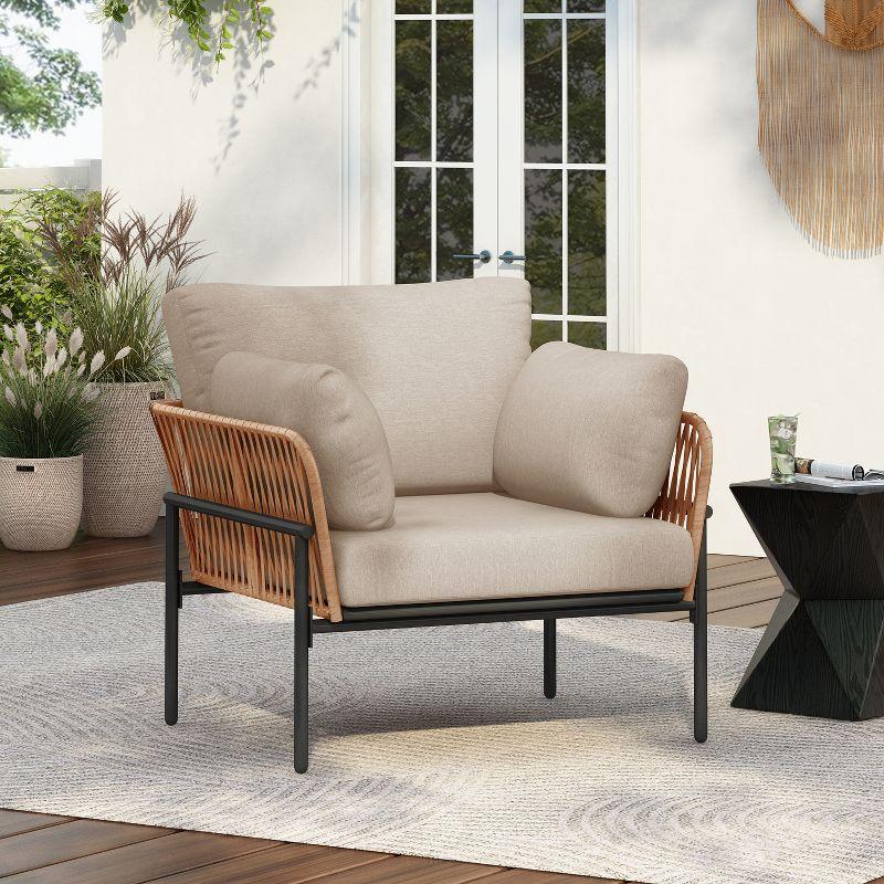 Christopher Knight Home Alma 36" Outdoor Rattan Weave Iron Club Chair with Plush Cushions, Natural