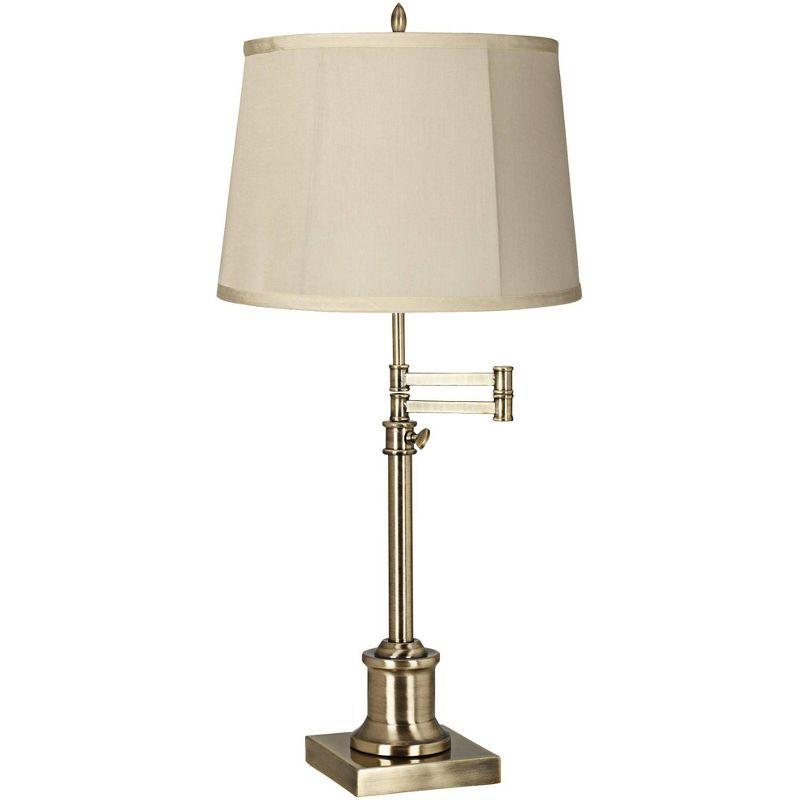 360 Lighting Swing Arm Desk Table Lamp 36" Tall Antique Brass Beige Fabric Drum Shade for Living Room Bedroom Bedside Office Family
