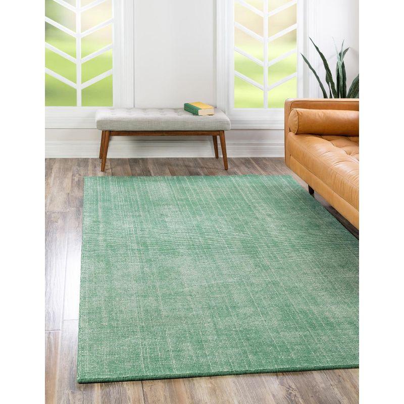 Hand-Knotted Green and Ivory Wool Rectangular Rug