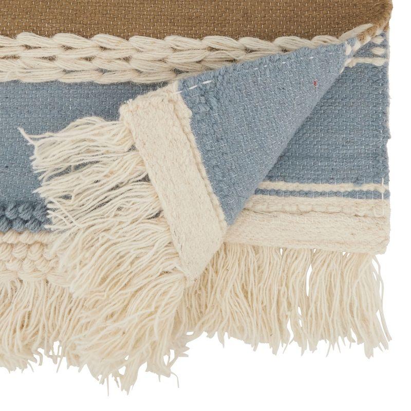 Blue and Natural Wool Boho Table Runner with Tassels