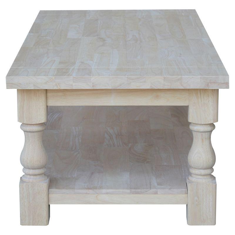 Tuscan Coffee Table - Unfinished - International Concepts: 56" Large Hardwood Coffee Table for Living Room with Fixed Shelf