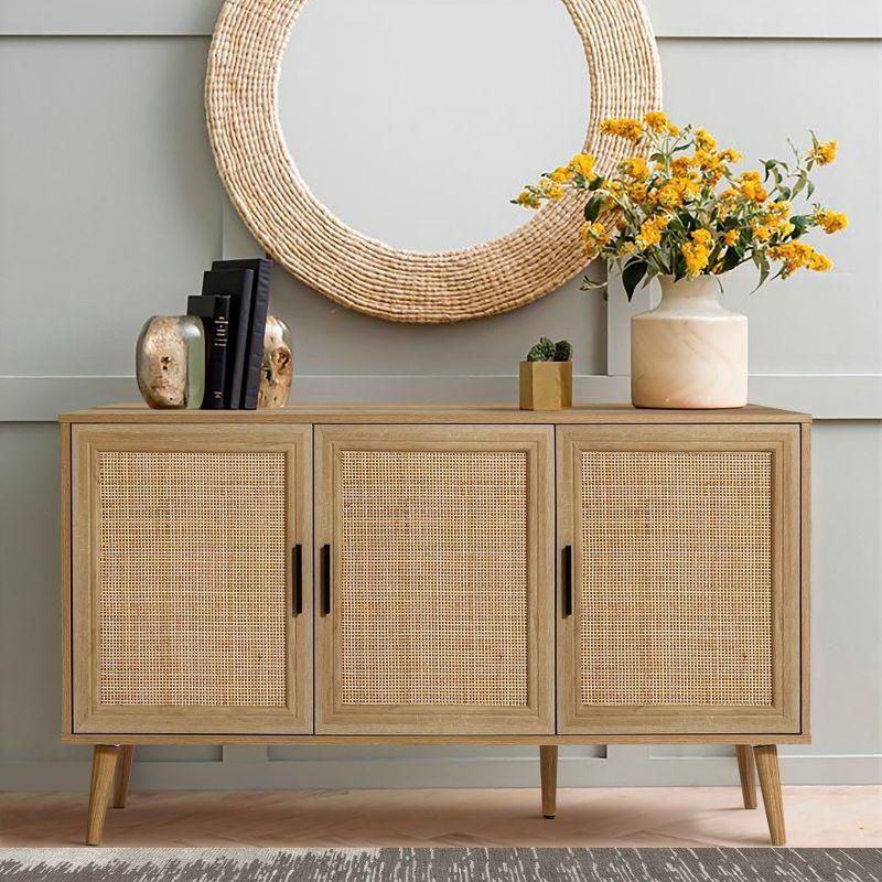 LuxenHome Rattan Buffet Cabinet with Storage, 47" Light Oak Finish Wood Accent Sideboard Cabinet with 3-Door, Boho Coffee Bar Console Table