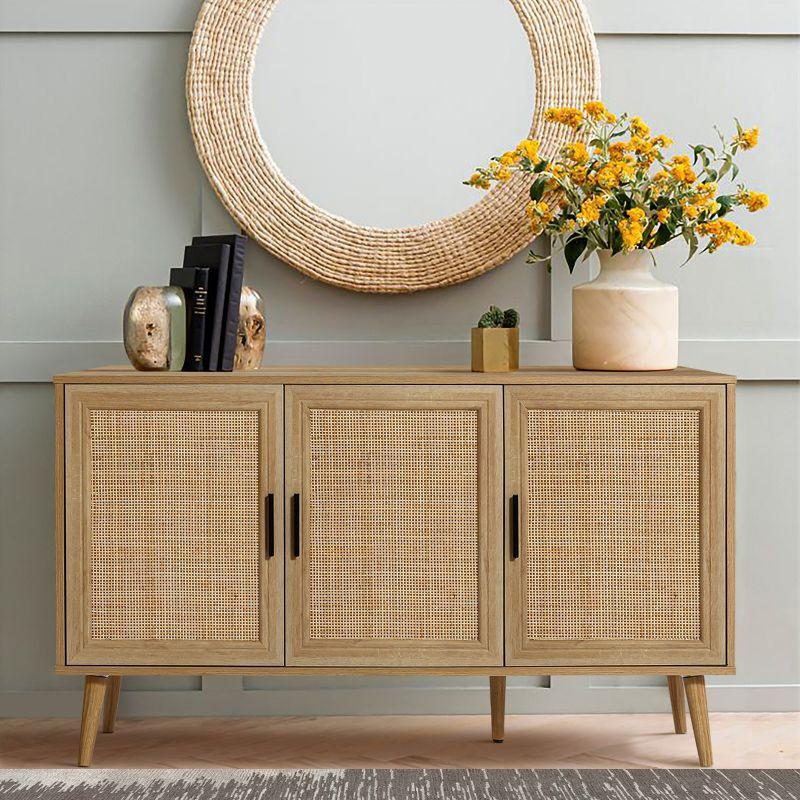 LuxenHome 47.2" Wide 3-Door Rattan Light Oak Finish Wood Sideboard Cabinet