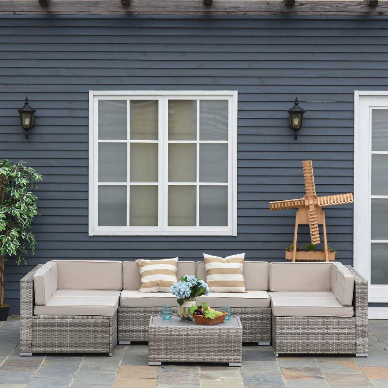 Outsunny 7-Piece Patio Furniture Set, Outdoor Wicker Conversation Set, All Weather PE Rattan Sectional Sofa w/ Faux Wood Table, Stripe Pillows, Beige