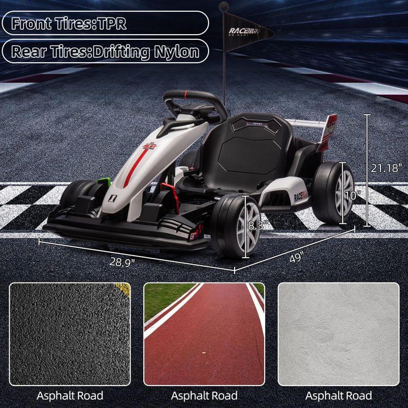 24V Kids Ride on Go Kart, 7.5mph Variable High Speed Drifting Car, 7ah Battery 200W*2 Motors, Power Display Racing Toy for for 6+, White