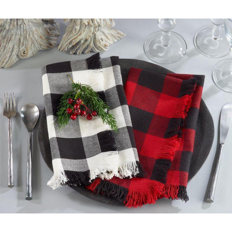 Black and White Buffalo Plaid Cotton Napkins with Fringe, Set of 4