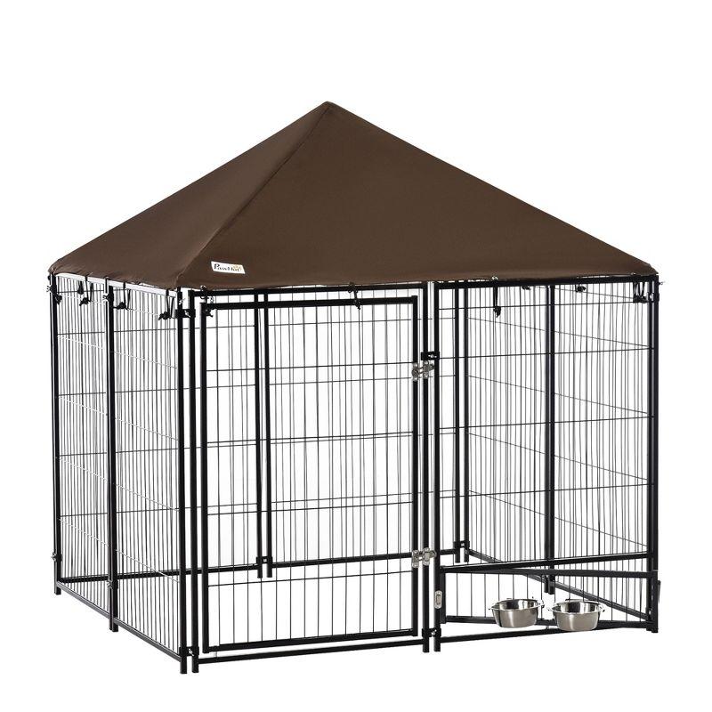 PawHut Outdoor Dog Kennel, Puppy Play Pen with Canopy Garden Playpen Fence Crate Enclosure Cage Rotating Bowl, Black