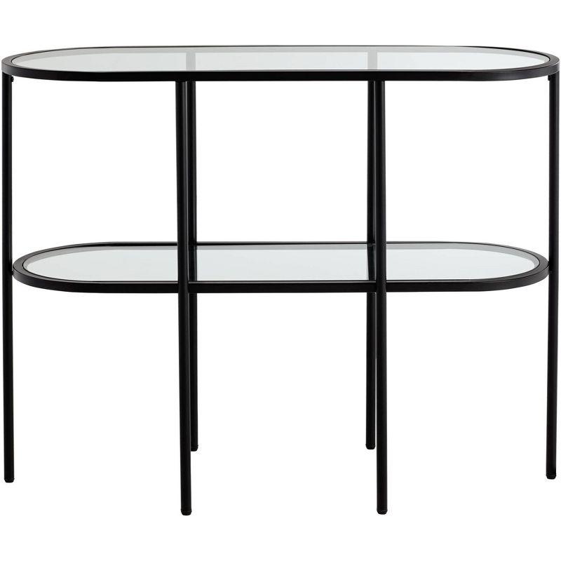 Studio 55D Remy Modern Metal Oval 2-Tier Console Table 40" x 15" with Storage Sandy Black Clear Glass Tabletop for Living Room
