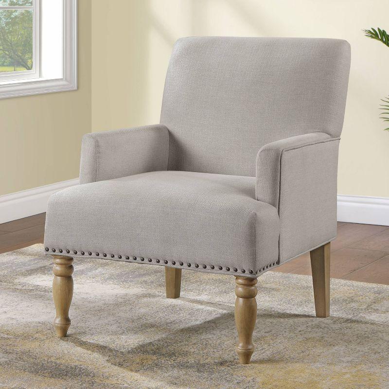 Comfort Pointe Anna Arm Chair Beige: Upholstered with Nailhead Trim, Wood Legs, Foam Fill