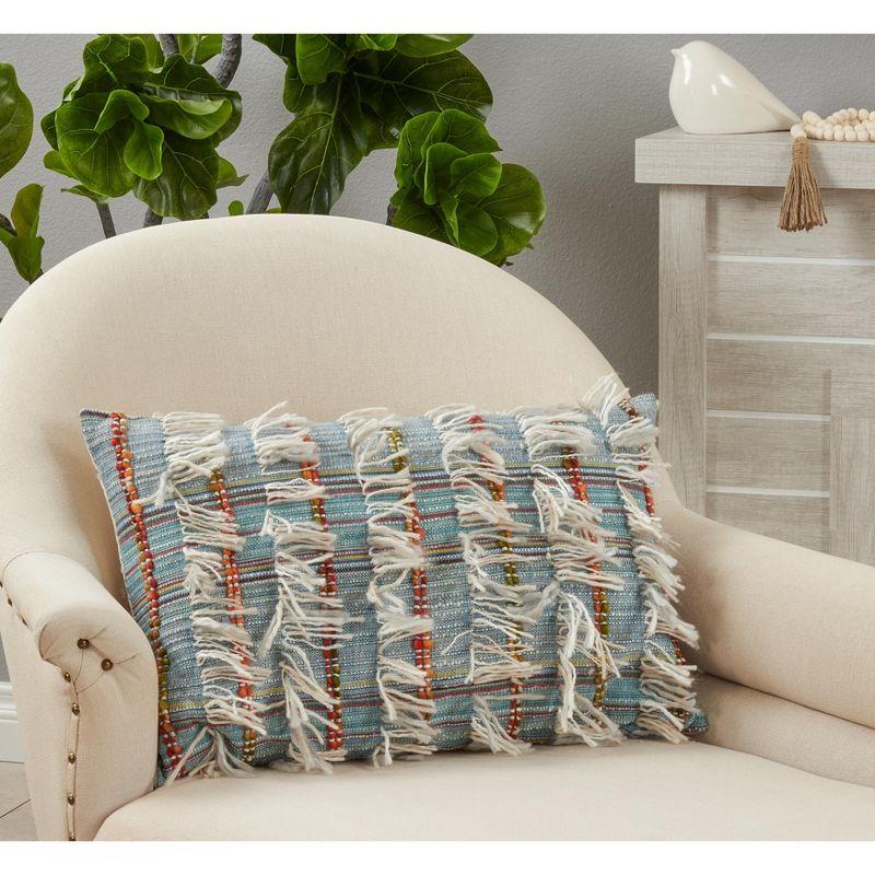 Shaggy Striped Cotton Decorative Pillow Cover, 16"x24", Beige and White