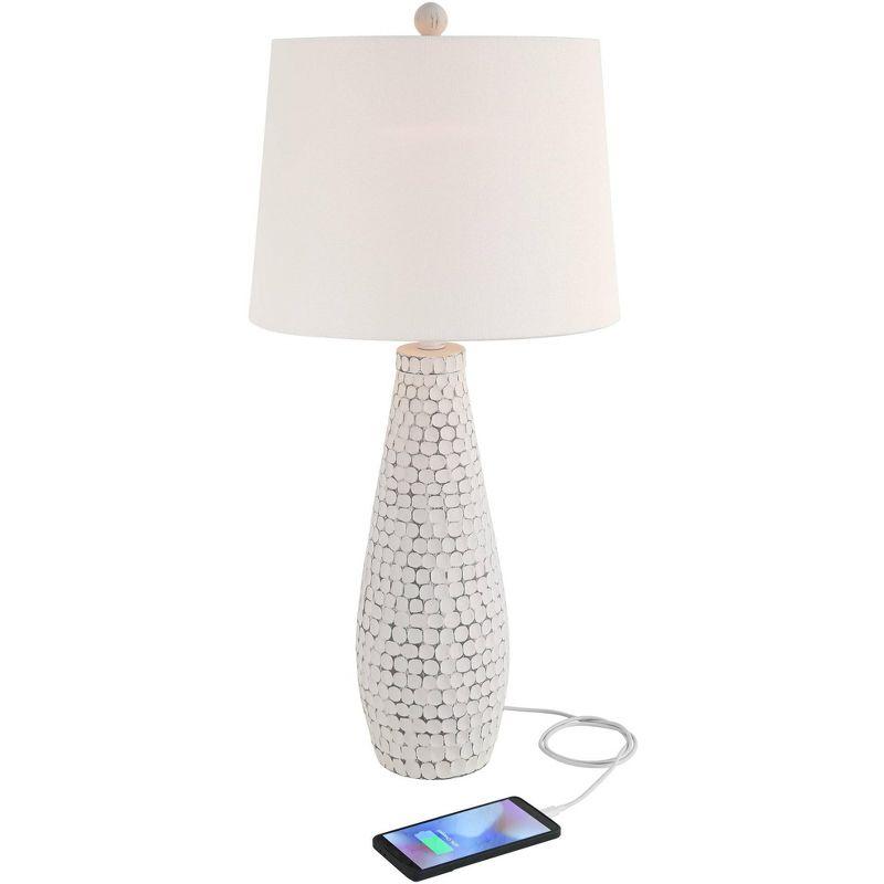 360 Lighting 29 1/2" Tall Modern Coastal End Table Lamps Set of 2 USB Port Whitewash Ceramic White Shade Living Room Charging Bedroom Bedside