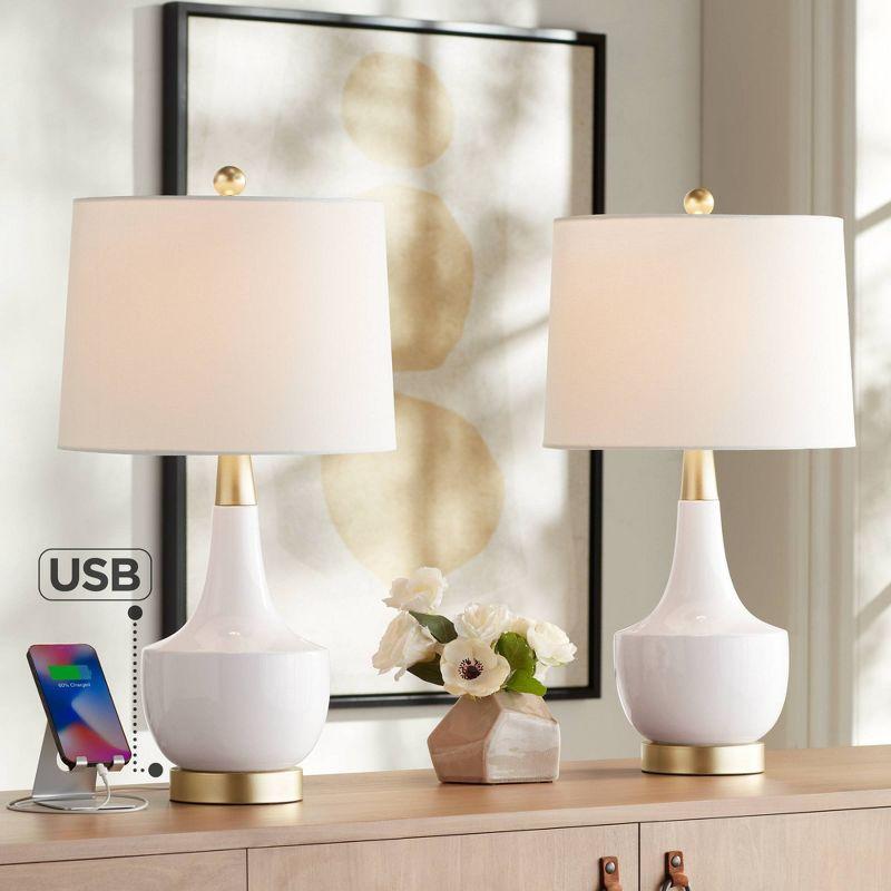 360 Lighting Nesbit 25" High Mid Century Modern Table Lamps Set of 2 USB Port White Gold Ceramic Metal Living Room Charging Bedroom Bedside Nightstand