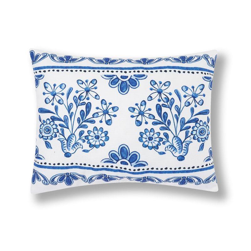 White and Blue Floral Pattern Outdoor Throw Pillow