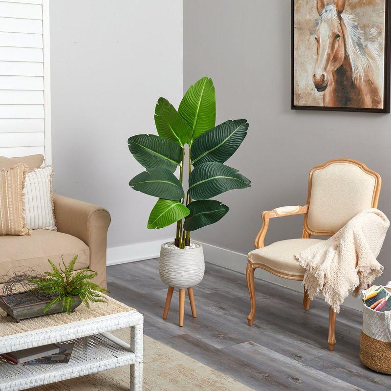Nearly Natural 5-ft Travelers Palm Artificial Tree in White Planter with Stand