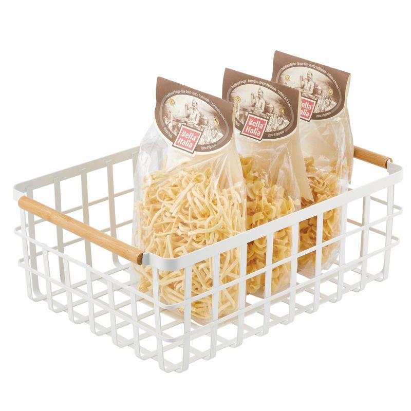 Matte White Rectangular Metal Wire Basket with Bamboo Handles, 4 Pack