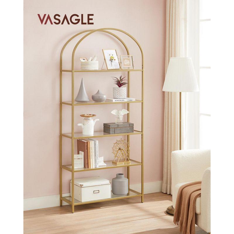 VASAGLE 5-Tier Bookshelf, 32.7 x 72.2inch, Display Storage Shelf, Tempered Glass Shelving Unit with Metal Frame, for Bedroom, Living Room, Gold