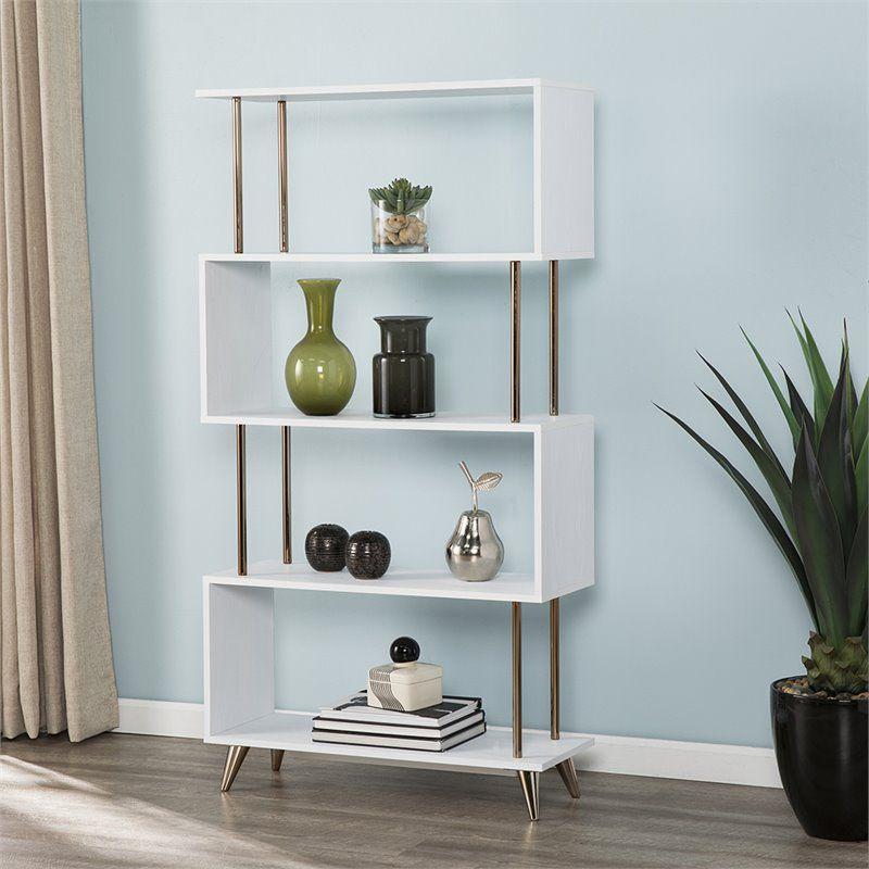 White and Champagne 4-Shelf Zig-Zag Bookcase