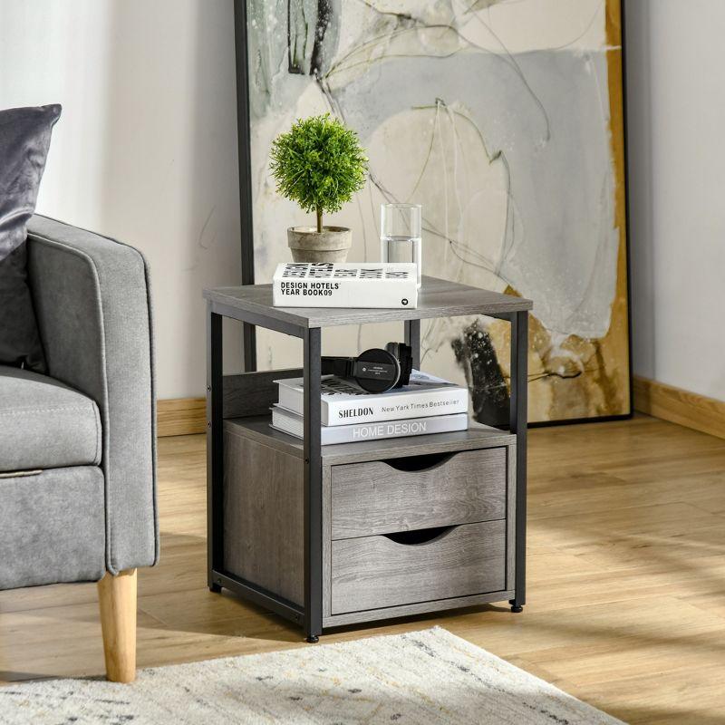 Industrial Chic Side Table with Dual Storage Drawers and Shelf