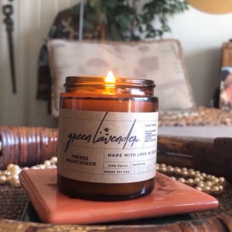 4oz Green Lavender Candle - Freres Branchiaux: Soy Wax Blend, Spa Aromatherapy, Relaxing Musk & Cedar Scent