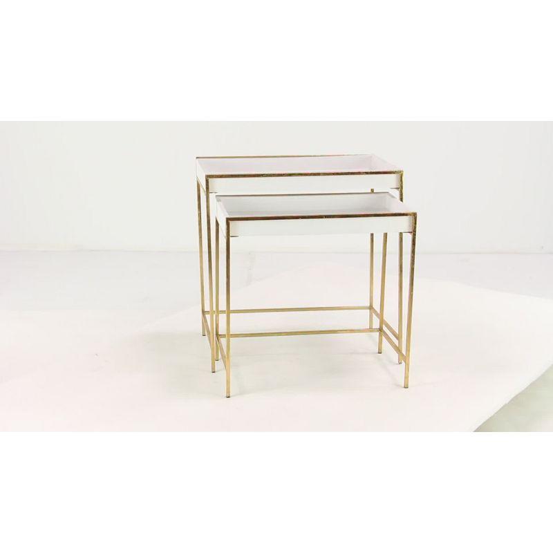 Blaine Wooden Nesting Tray Top Geometric Side End White Accent Table with Gold Metal Legs Set