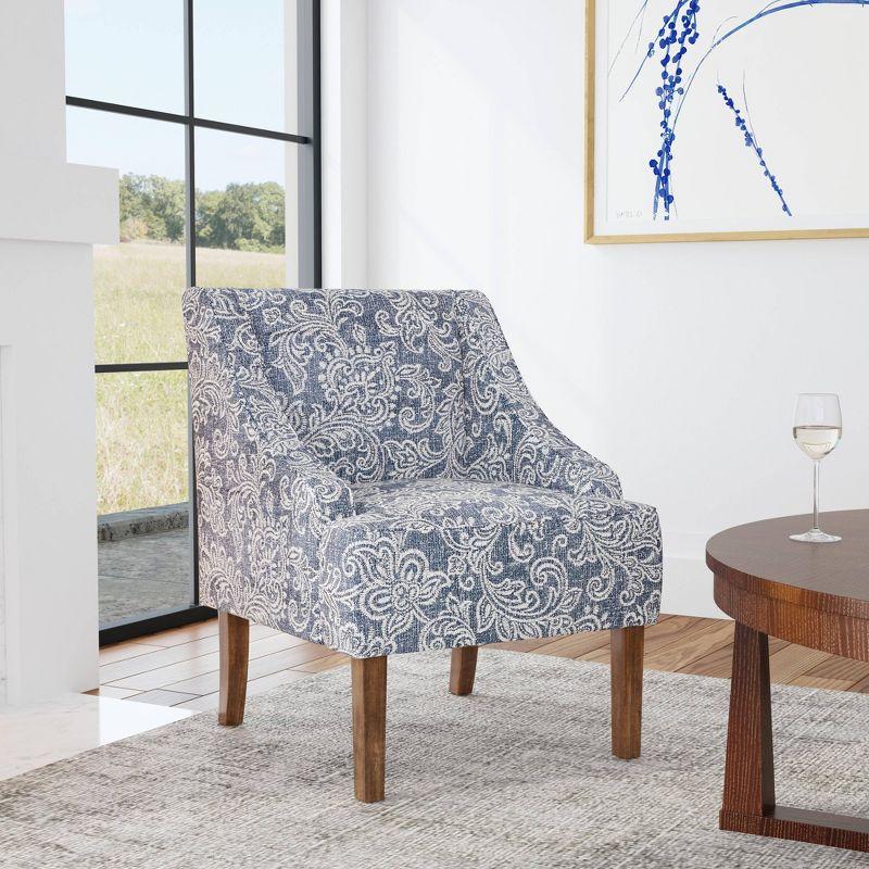 Blue Denim Jacobean Print Swoop Arm Accent Chair with Wood Legs