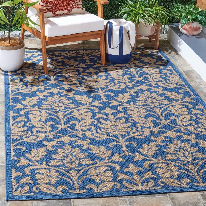 Blue and Natural Floral Motif Rectangular Outdoor Rug