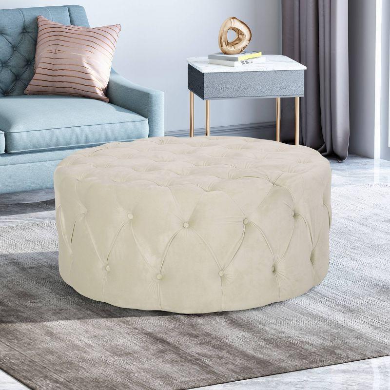 Orla Modern Glam Round Ottoman Beige: Velvet Upholstered, Tufted, No Assembly - Christopher Knight Home