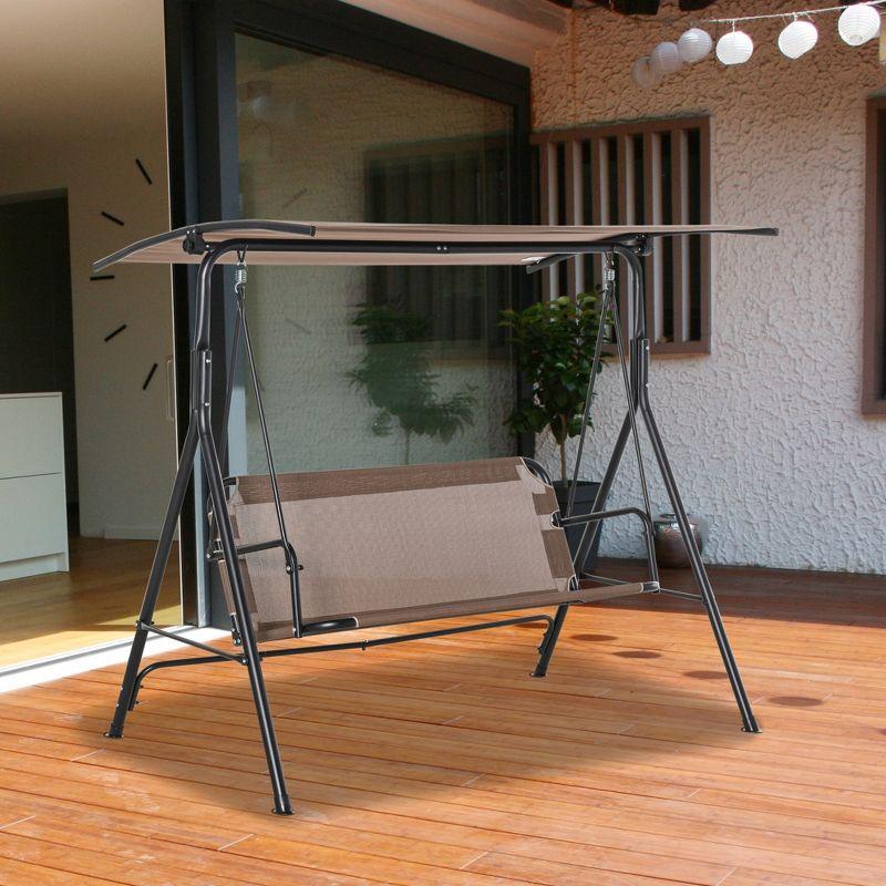 Brown Steel Frame 2-Seater Patio Swing Chair with Adjustable Canopy