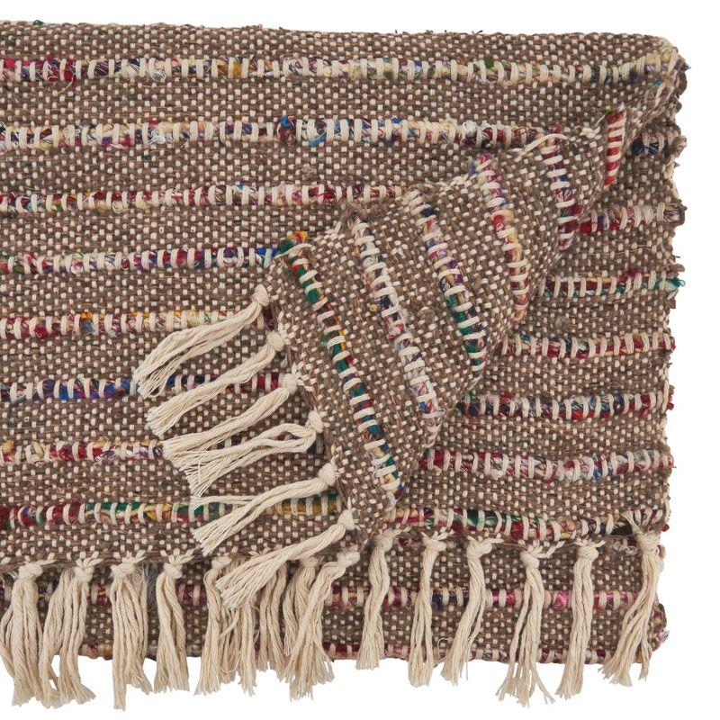 Beige and Multicolor Cotton Table Runner with Fringe