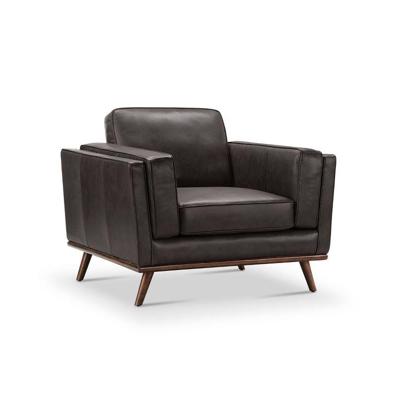 Nikki Mid-Century Modern Gray Genuine Leather Armchair with Walnut Wood Trim