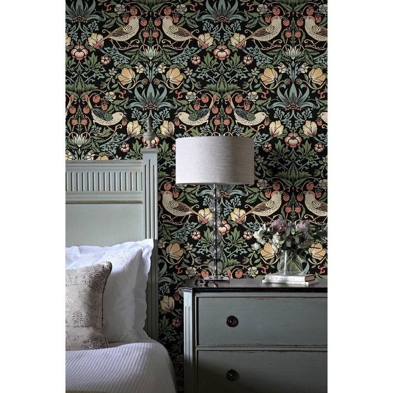 NextWall Aves Garden Peel and Stick Wallpaper Black: Whimsical Vintage Bird & Floral Design, Repositionable, Washable