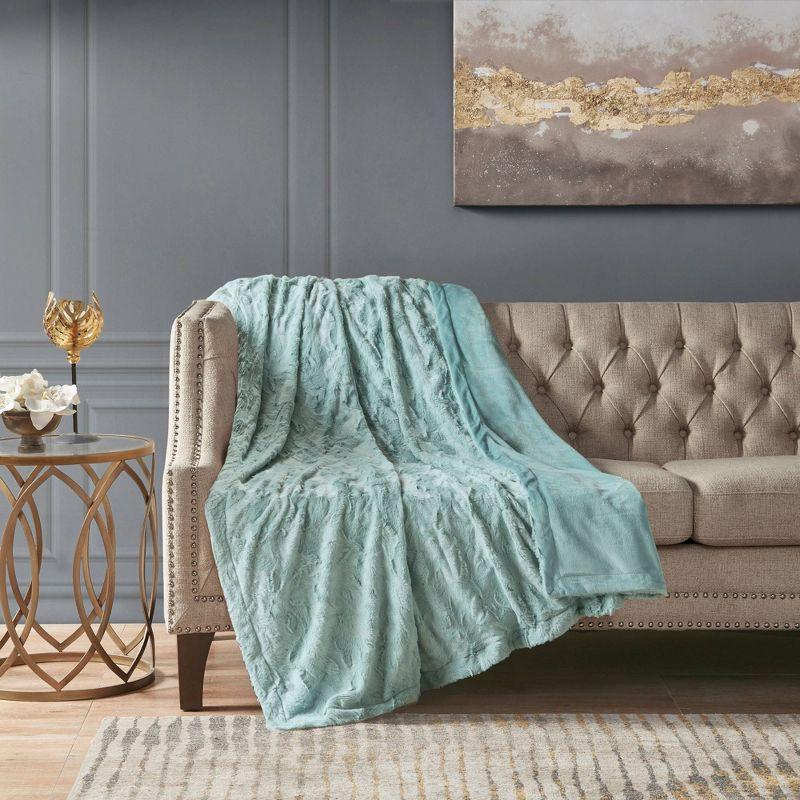 60"x70" Oversized Marselle Faux Fur Throw Blanket Aqua - Madison Park