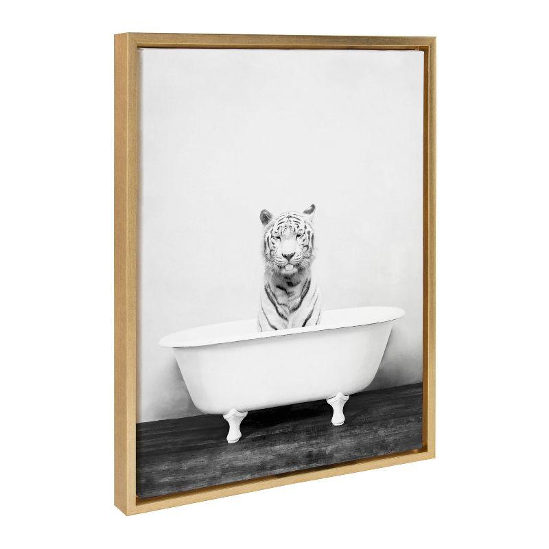 White Tiger in Bathtub Gold Framed Canvas Art