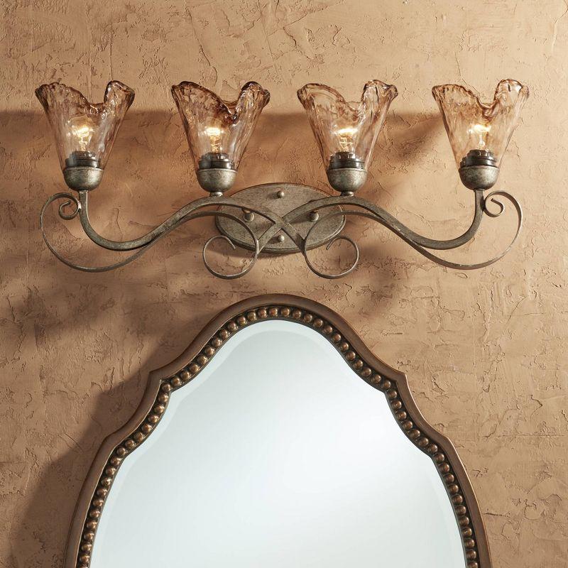 Franklin Iron Works Amber Scroll Rustic Wall Light Golden Bronze 29 1/2" Art Glass Fixture for Bedroom Bathroom Vanity Reading Living Room Hallway