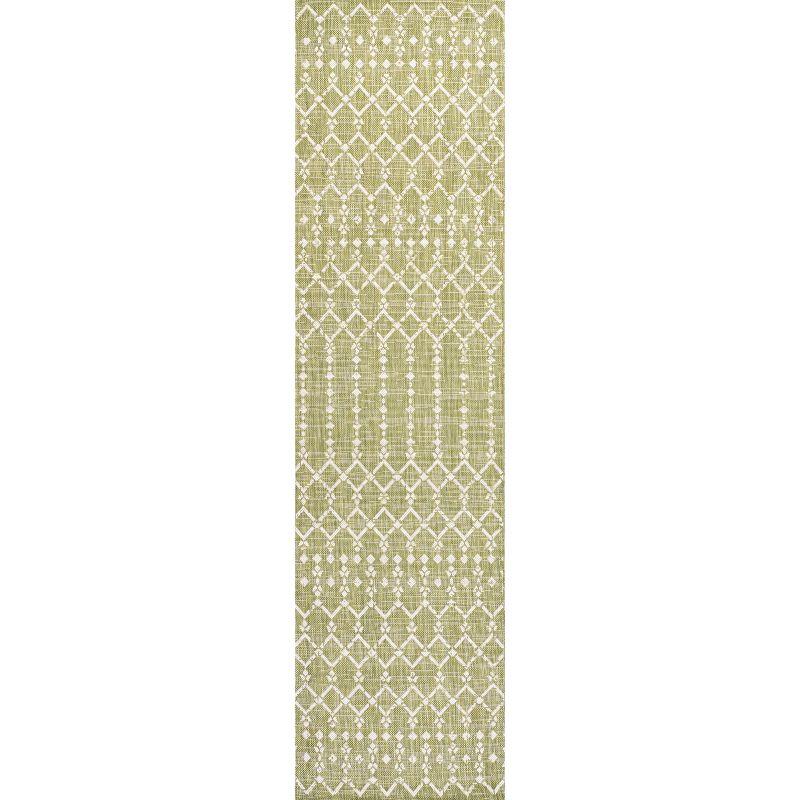2' x 10' Ourika Moroccan Geometric Textured Weave Indoor/Outdoor Runner Rug, Light Green/Cream - JONATHAN Y