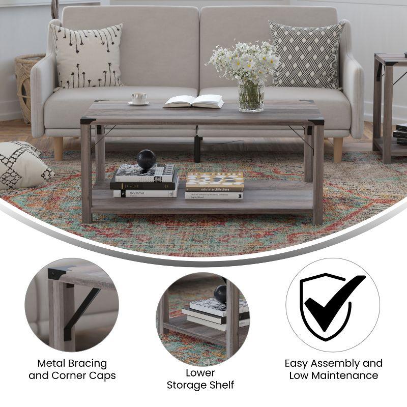 Flash Furniture Wyatt Modern Farmhouse Wooden 2 Tier Coffee Table with Black Metal Corner Accents and Cross Bracing, Gray Wash