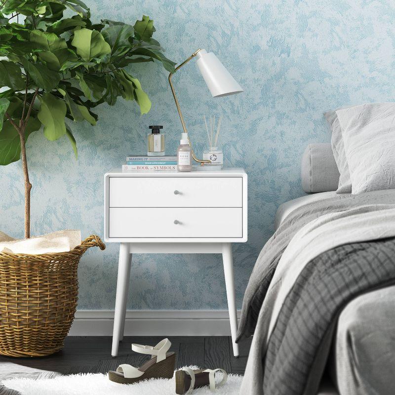 Mid-Century Modern White Wood and Metal Nightstand with Dual Drawers