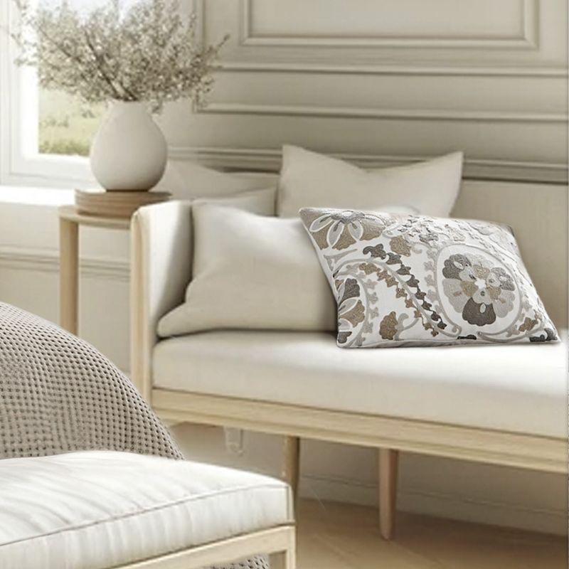 14x18 White and Taupe Embroidered Suzani Throw Pillow