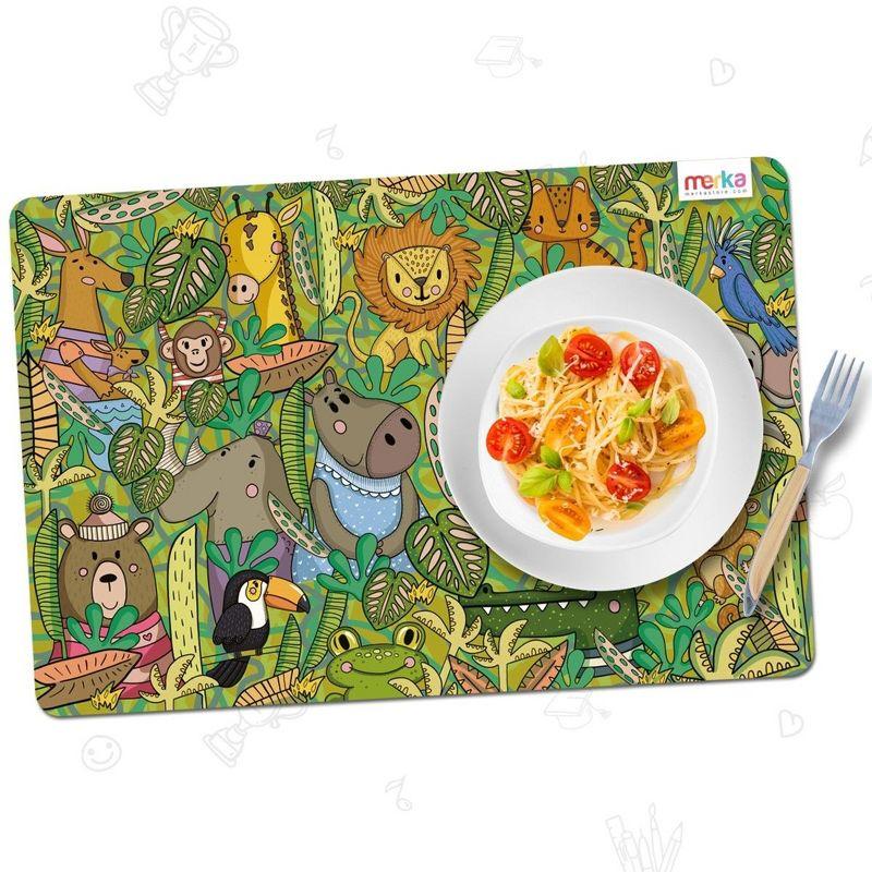 merka Kids Wipeable Plastic Placemats for Dining Table - Ocean, Space, Jungle, Unicorns for Ages 2 and Up, Set of 4
