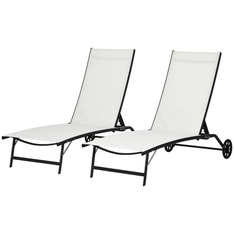 Outsunny Patio Chaise Lounge Chair Set of 2, 2 Piece Outdoor Recliner with Wheels, 5 Level Adjustable Backrest for Garden, Deck & Poolside