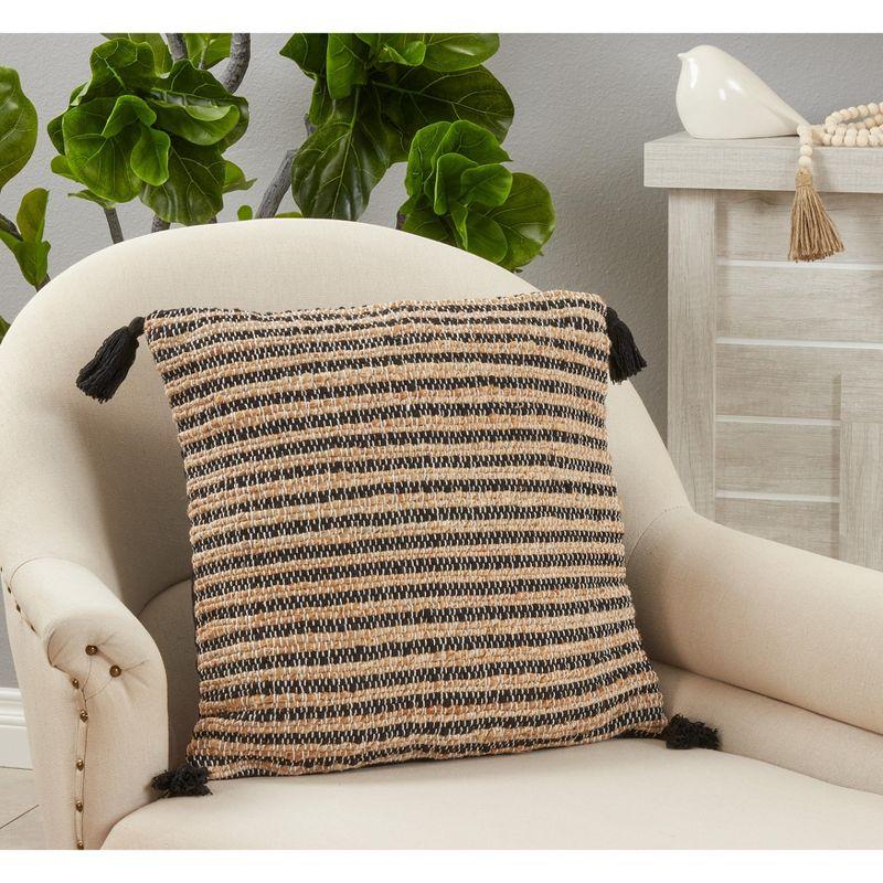 Black and Tan Striped Cotton Tassel Pillow Cover