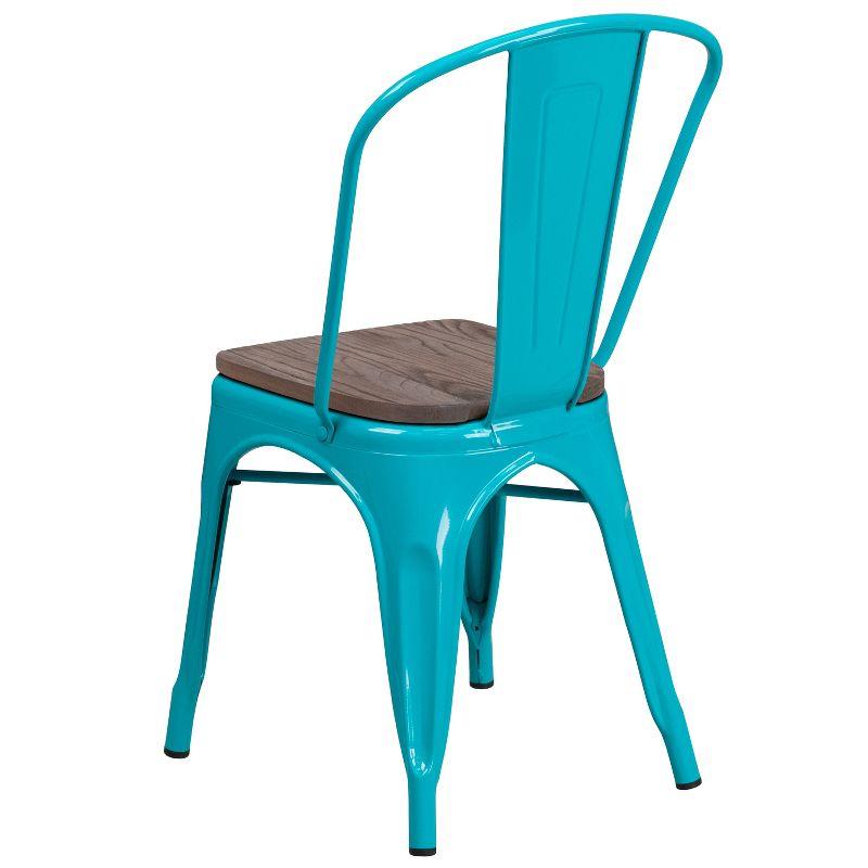 Crystal Teal-Blue Steel Side Chair with Wooden Seat