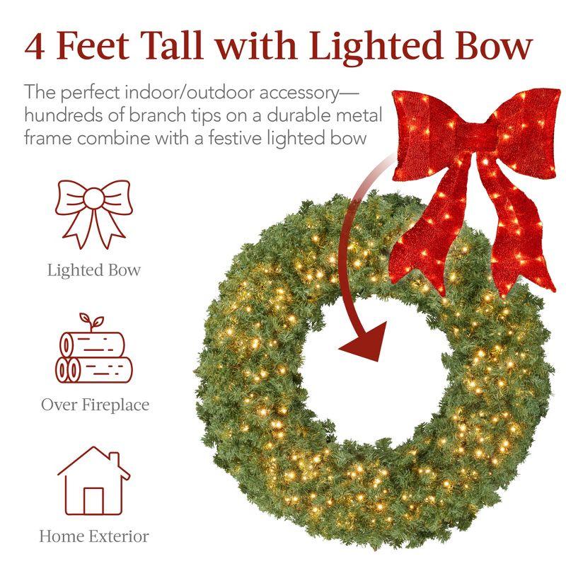 Best Choice Products Artificial Pre-Lit Fir Christmas Wreath Décor w/ Red Bow, LED Lights, Tips, Plug-In