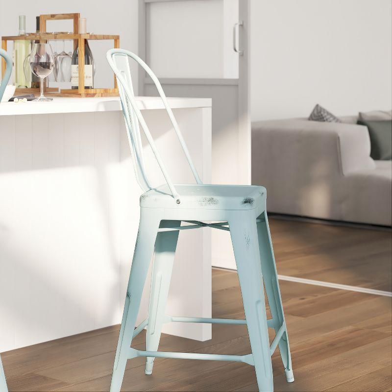 Merrick Lane 24" Metal Indoor-Outdoor Counter Stool with Vertical Slat Back and Integrated Footrest in Distressed Green-Blue