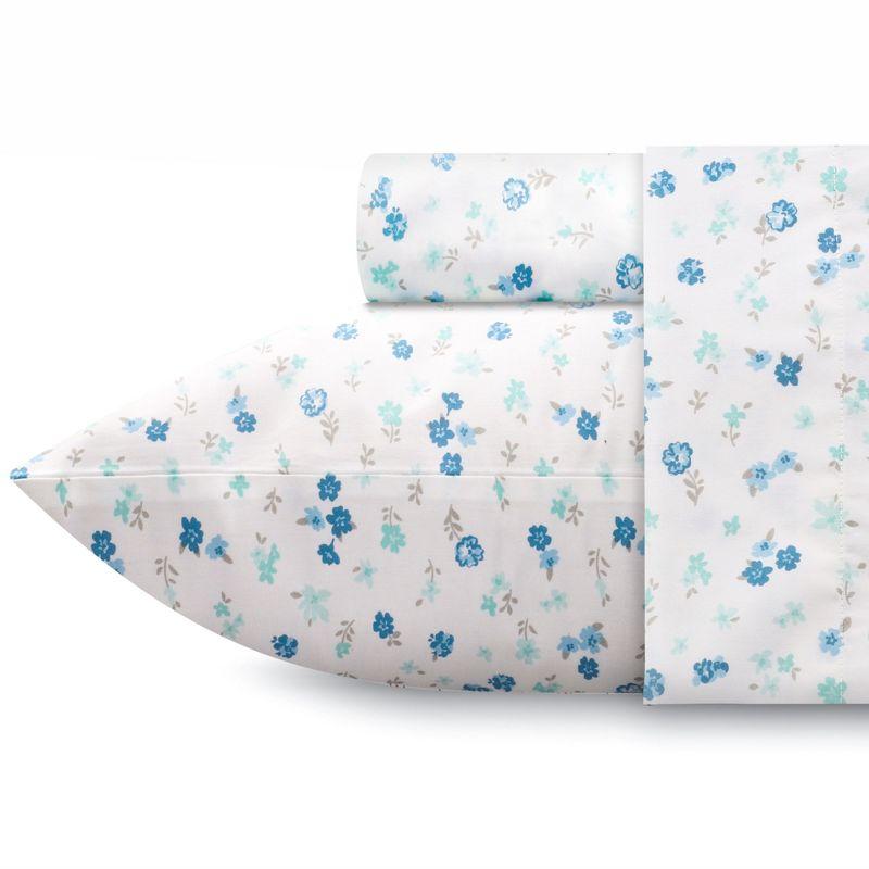 California King Floral White and Blue Cotton Sheet Set