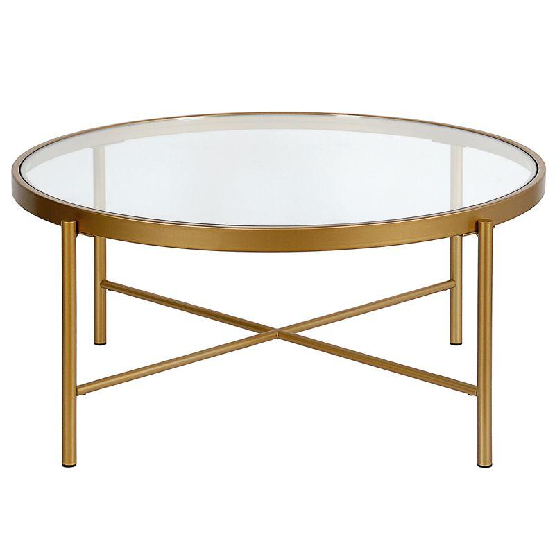 Brass 36" Round Glass Top Coffee Table with X-Base